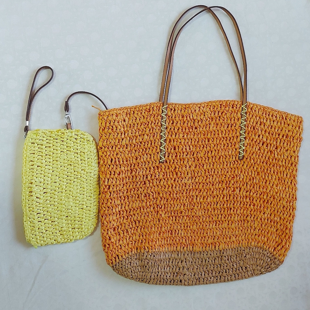 Loft Woven Boho Beach Paper Straw Tote Bag With Pouch Natural Unlined Coastal